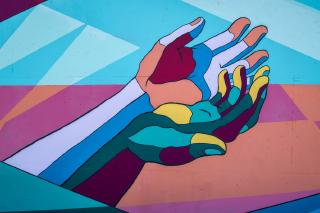 Colorful Hands 2 of 3 / George Fox students Annabelle Wombacher, Jared Mar, Sierra Ratcliff and Benjamin Cahoon collaborated on the mural. / Article: https://www.orartswatch.org/painting-the-town-in-newberg/